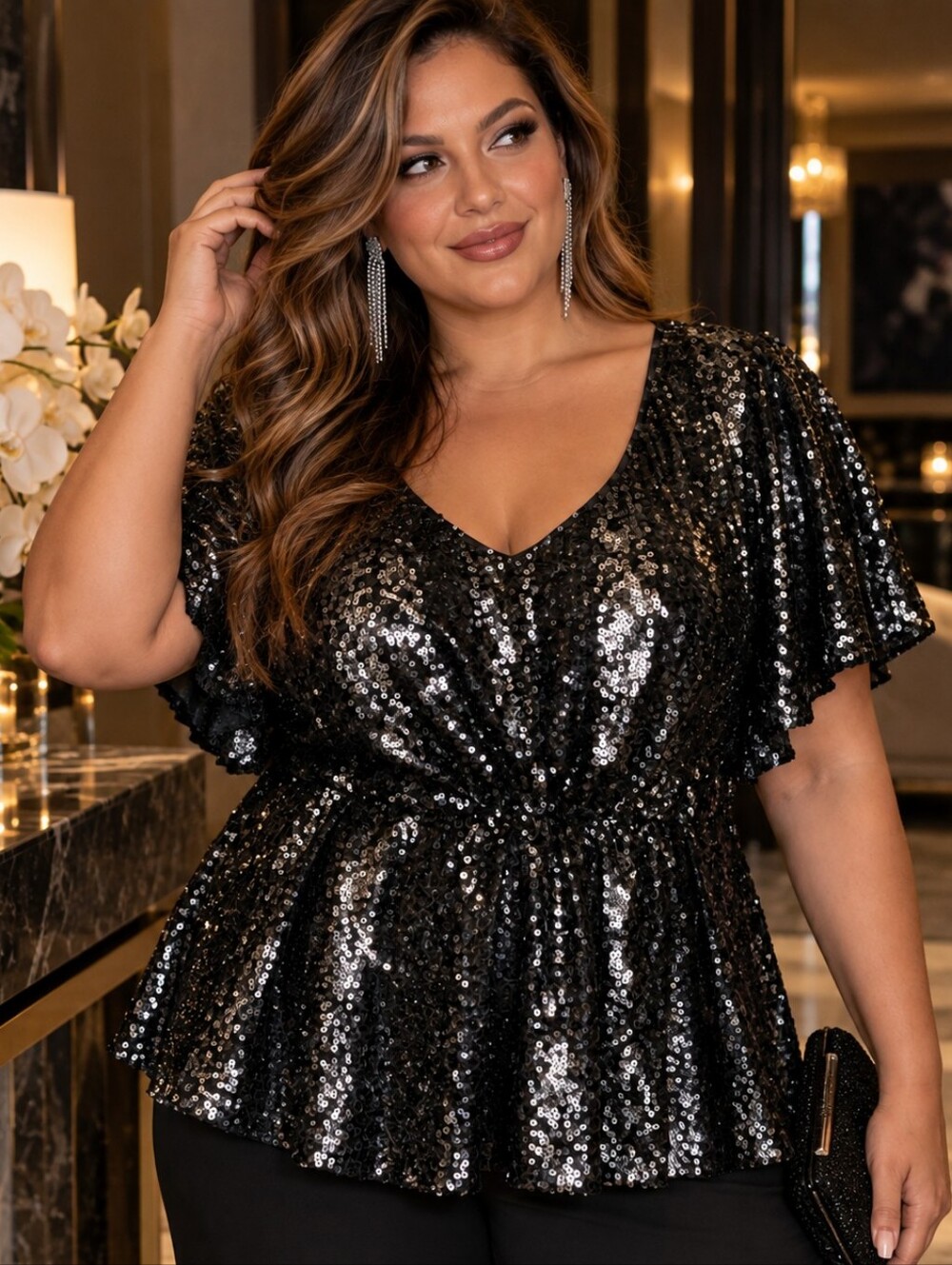 Lane Bryant Sequin Blouse Black Flutter Sleeve Empire Waist Party Top Size 16